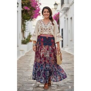 Sundance Ikat Print Tiered Cupro Midi Skirt Pink Blue Boho Petite XL PXL